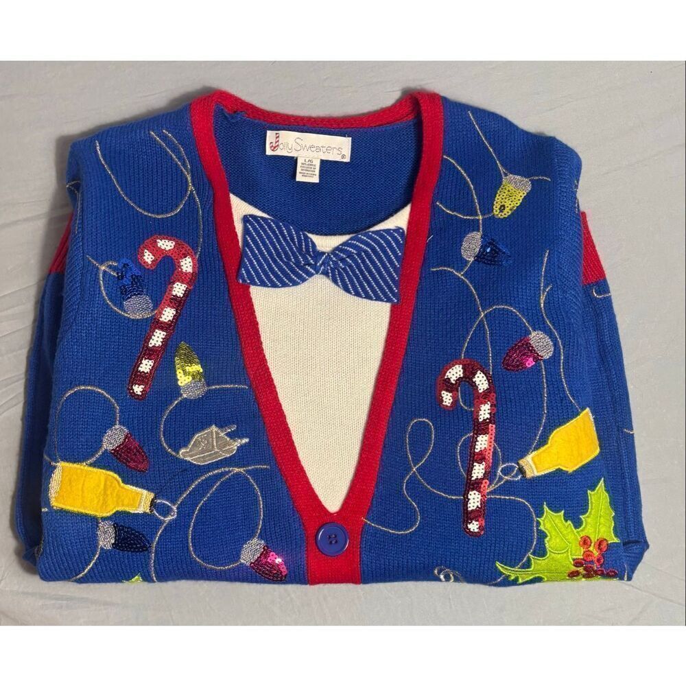 Jolly Sweaters Christmas Sweater Tie Holiday Party Beer Blue L Ugly Sweater